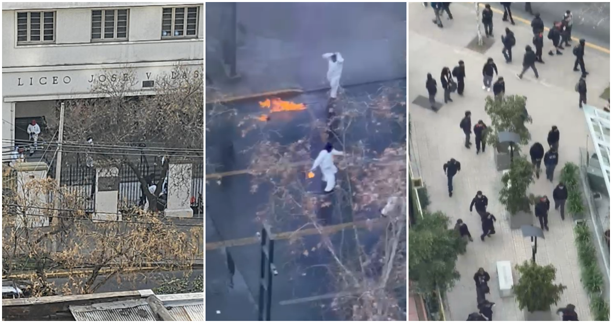 Encapuchados con overoles blancos protagonizan incidentes con molotov afuera del Liceo Lastarria