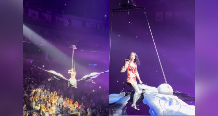 VIDEO | Katy Perry estuvo a punto de caer de una mariposa gigante tras sufrir falla técnica en EEUU