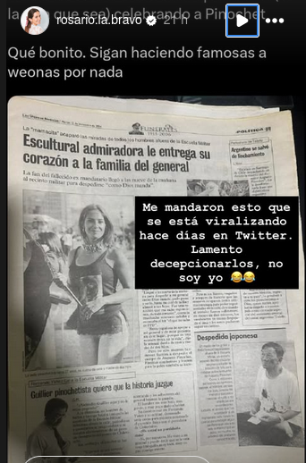 Instagram Storie de Rosario Bravo sobre viralizada imagen en el funeral de Pinochet