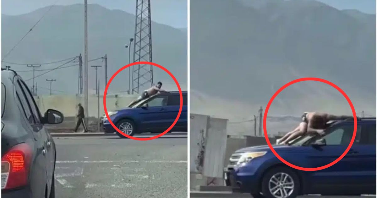 Viralizan insólito video de hombre semidesnudo arriba de auto en movimiento en Antofagasta