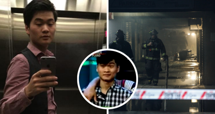 A la izquierda Xinlei Fan, empresario Chino y ex chico Yingo; en miniatura una captura de él en el programa; y a la derecha fotografìa de incendio que afectó a edificio de Santiago Centro