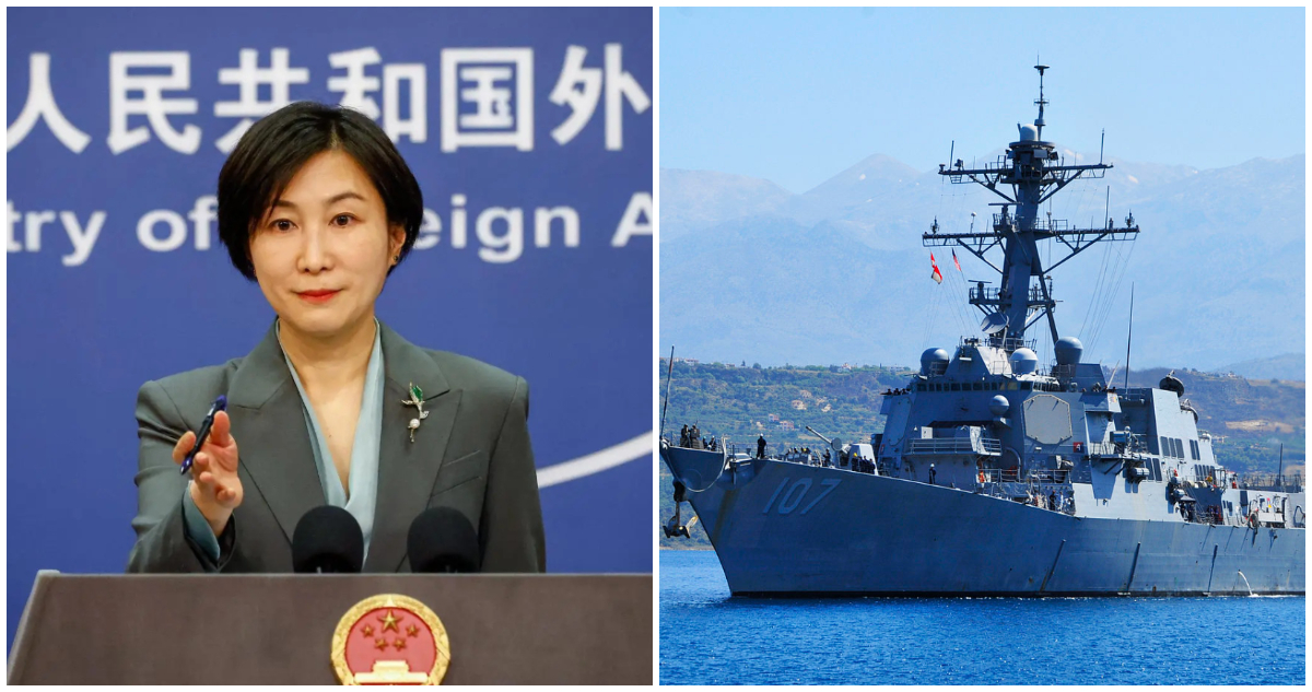 Imágenes de archivo de la portavoz china Mao Ning y el destructor de EEUU “USS Gravely”