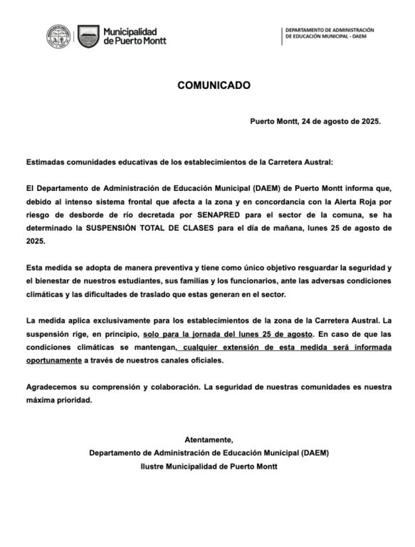 Comunicado de la Municipalidad de Puerto Montt.