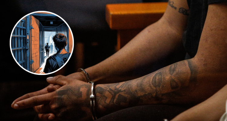 Imagen de contexto para crimen organizado. Muestra a un hombre esposado y a otro saliendo de la cárcel