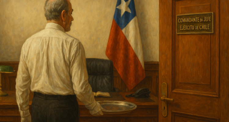 Imagen creada con inteligencia artificial que muestra a un mayordomo de espalda en la oficina del comandante en Jefe del Ejército de Chile.