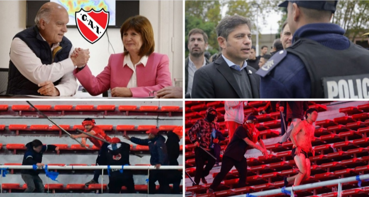 Composición de imágenes. Aparecen Néstor Grindetti junto a Patricia Bullrich, Axel Kicillof y los incidentes en el estadio de Independiente de Avellaneda.