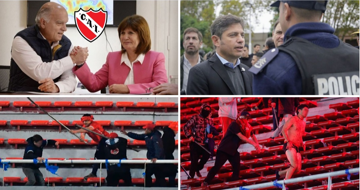 Composición de imágenes. Aparecen Néstor Grindetti junto a Patricia Bullrich, Axel Kicillof y los incidentes en el estadio de Independiente de Avellaneda.