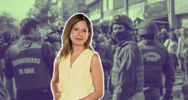 fotografía de la periodista Karina Álvarez de CHV sobrepuesta sobre imagen de personal de Carabineros en Barrio Meiggs en referencia a crisis de seguridad