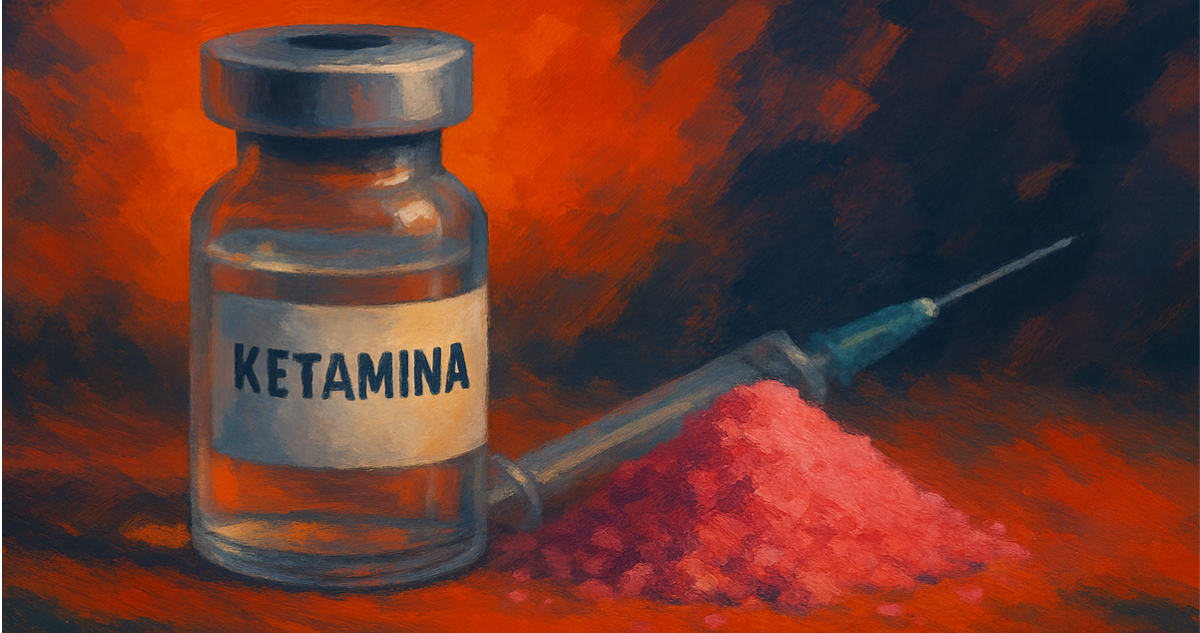 Imagen genera con Inteligencia Artificial que muestra, de forma abstracta, un frasco de ketamina, un montón de polvo rosa y una jeringa.