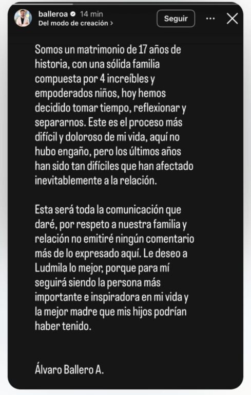 Álvaro Ballero confirma quiebre matrimonial tras 17 años de relación: "Le deseo a Ludmila lo mejor"
