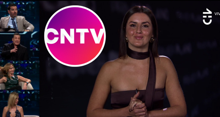 Captura de panelistas de Primer Plano y la periodista María Paz Arancibia junto a logo de CNTV