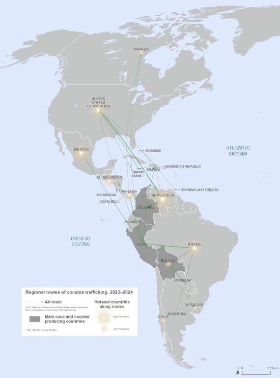 Principales rutas de tráfico de cocaína en las Américas, por vía aérea, 2023-2024