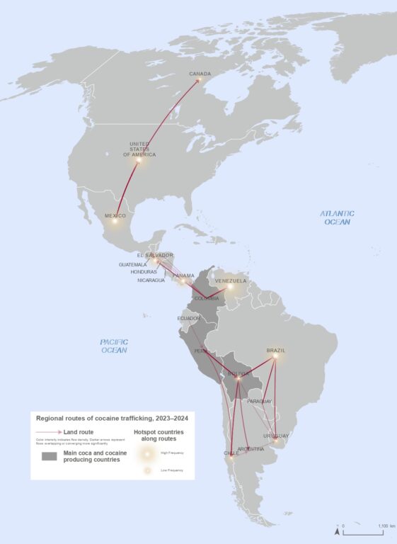 Principales rutas de tráfico de cocaína en las Américas, por vía terrestre, 2023-2024