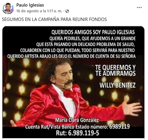 Publicación de Paulo Iglesias sobre Willy Benítez