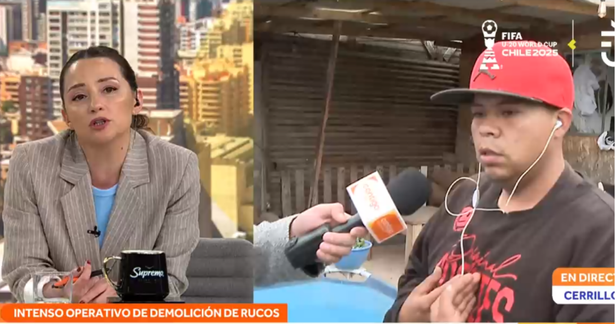 Andrea Arístegui y poblador de toma “Nuevo Amanecer”