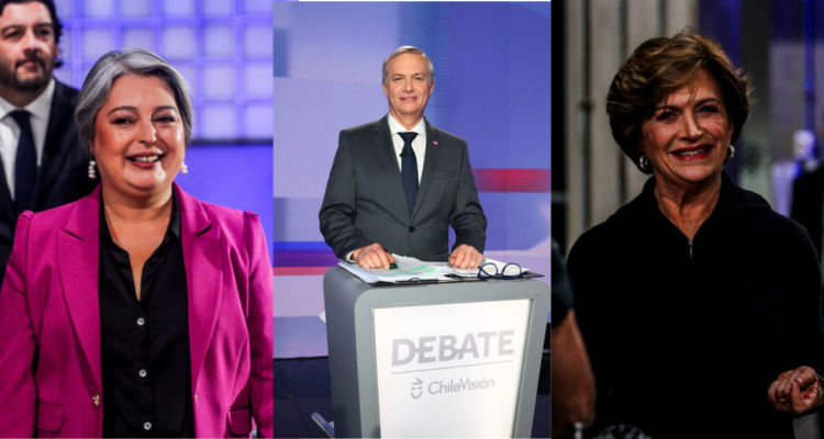 La candidata Jeannette Jara, el candidato José Antonio Kast y la candidata Evelyn Matthei durante el debate presidencial.