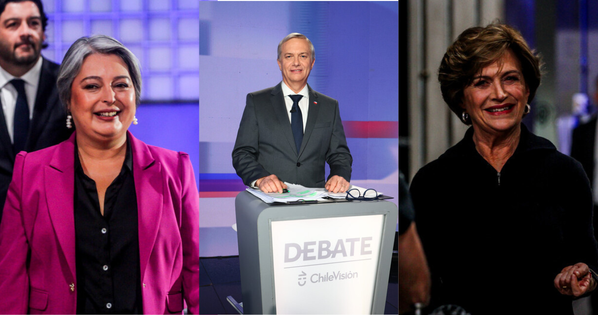 La candidata Jeannette Jara, el candidato José Antonio Kast y la candidata Evelyn Matthei durante el debate presidencial.