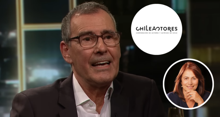 Cristián Campos en ‘Podemos Hablar’ junto a logo de ChileActores y foto de Esperanza Silva en referencia a dichos en el programa