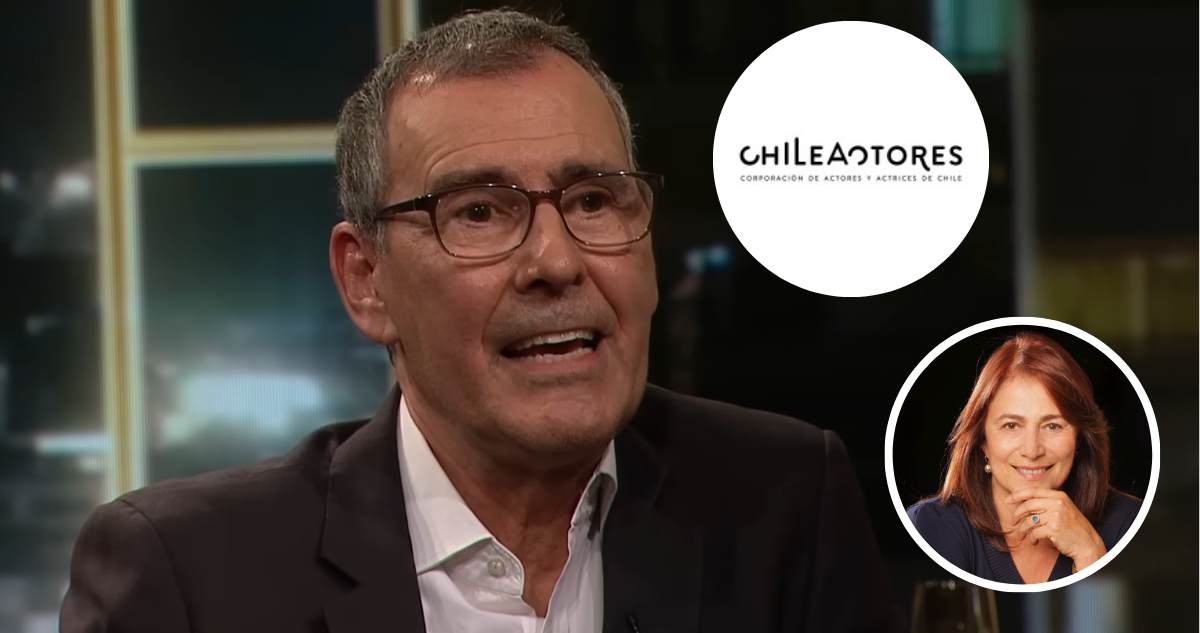 Cristián Campos en ‘Podemos Hablar’ junto a logo de ChileActores y foto de Esperanza Silva en referencia a dichos en el programa