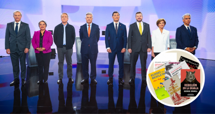 Debate presidencial y foto con portadas de libros