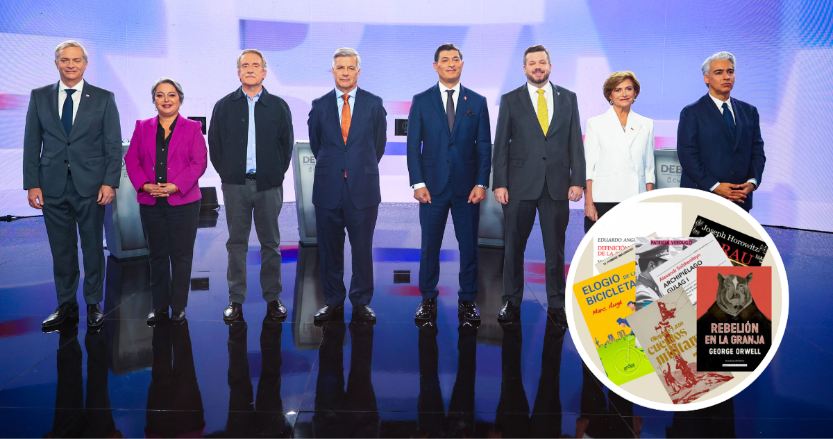 Debate presidencial y foto con portadas de libros
