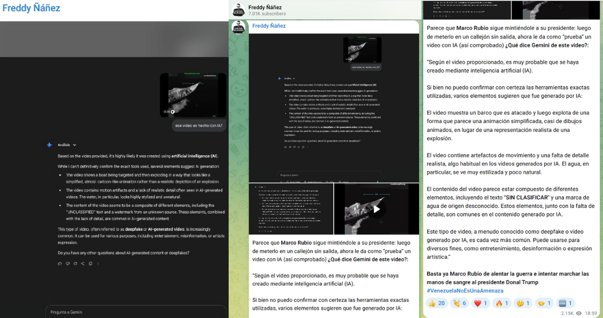 Tras consultar a Gemini: Venezuela dice que video de ataque de EEUU a embarcación es hecho con IA