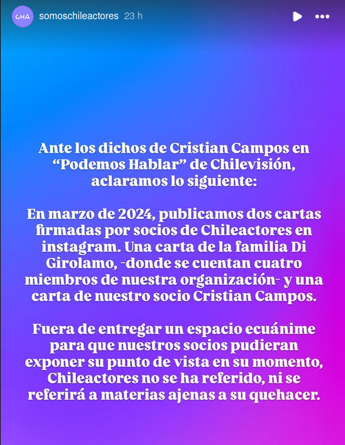 Instagram Storie de ChileActores sobre dichos de Cristián Campos