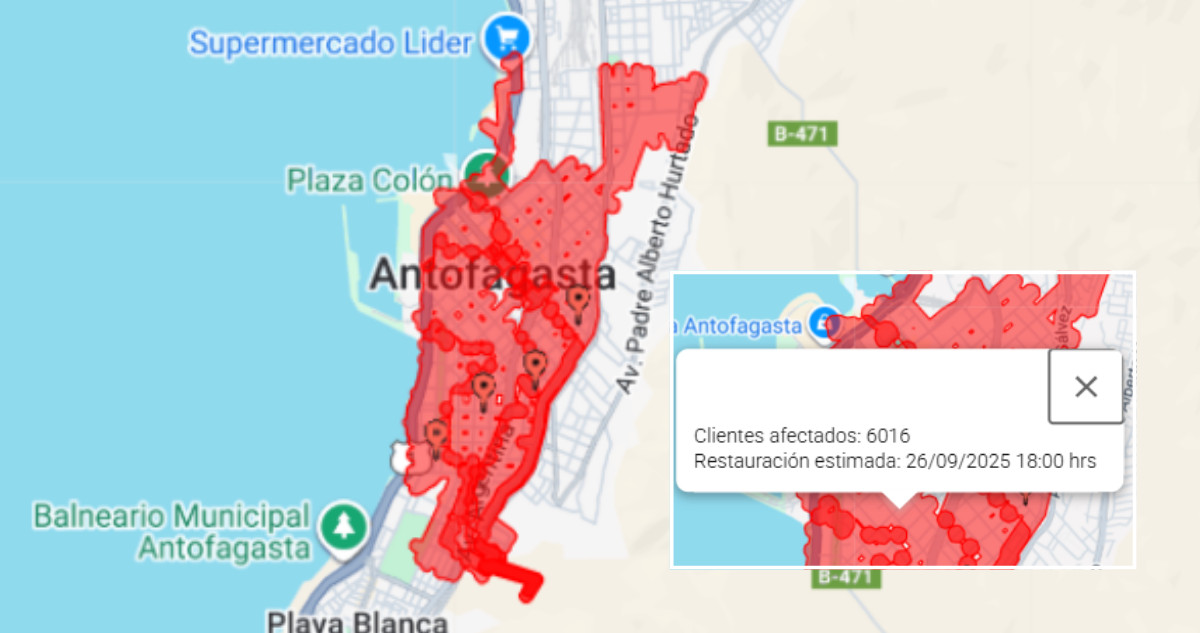 Corte masivo de luz en Antofagasta deja más de 6 mil clientes afectados.