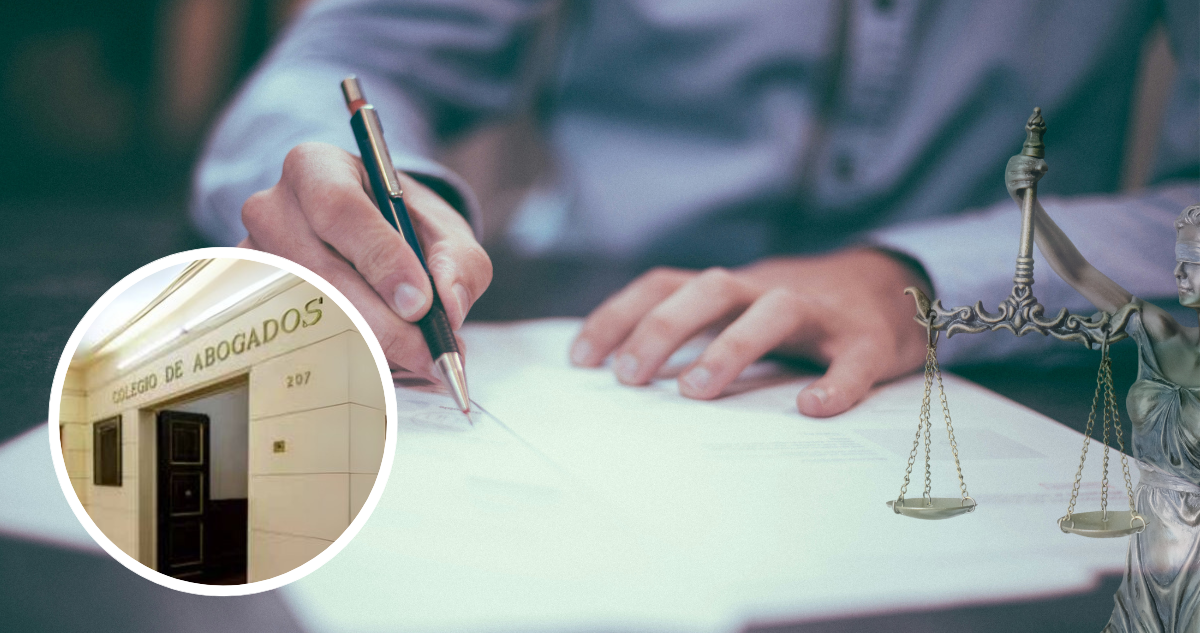 Abogado escribiendo, imagen de la justicia y frontis del Colegio de Abogados