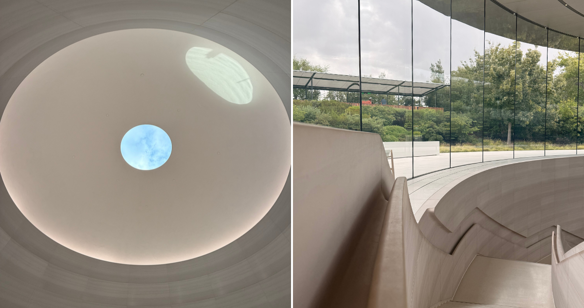 A la izquierda, el edificio "The Observatory". A la derecha, el ingreso al Steve Jobs Theatre. Ambos ubicados al interior del Apple Park.