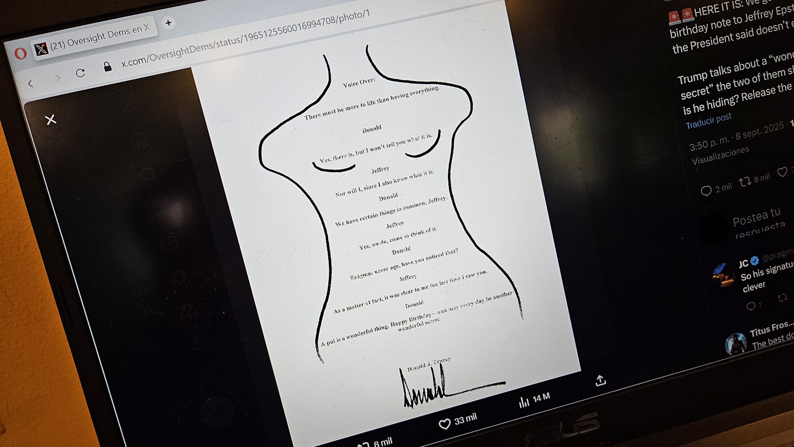 Saludo de Donald Trump a Jeffrey Epstein por su cumpleaños en 2003