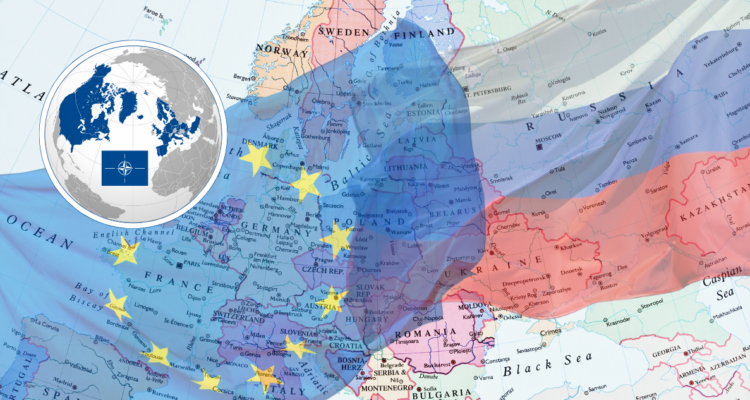 Mapa de Europa, mapa de la OTAN, bandera de la UE y bandera de Rusia