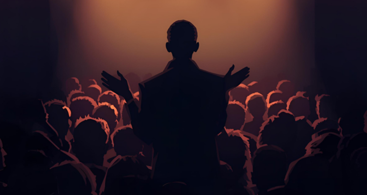 Ilustración de político rodeado de gente en sombras