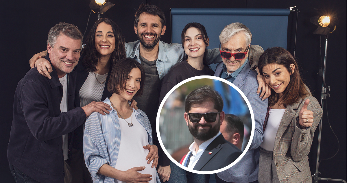 Foto del elenco de ‘Reunión de superados’ y de Gabriel Boric