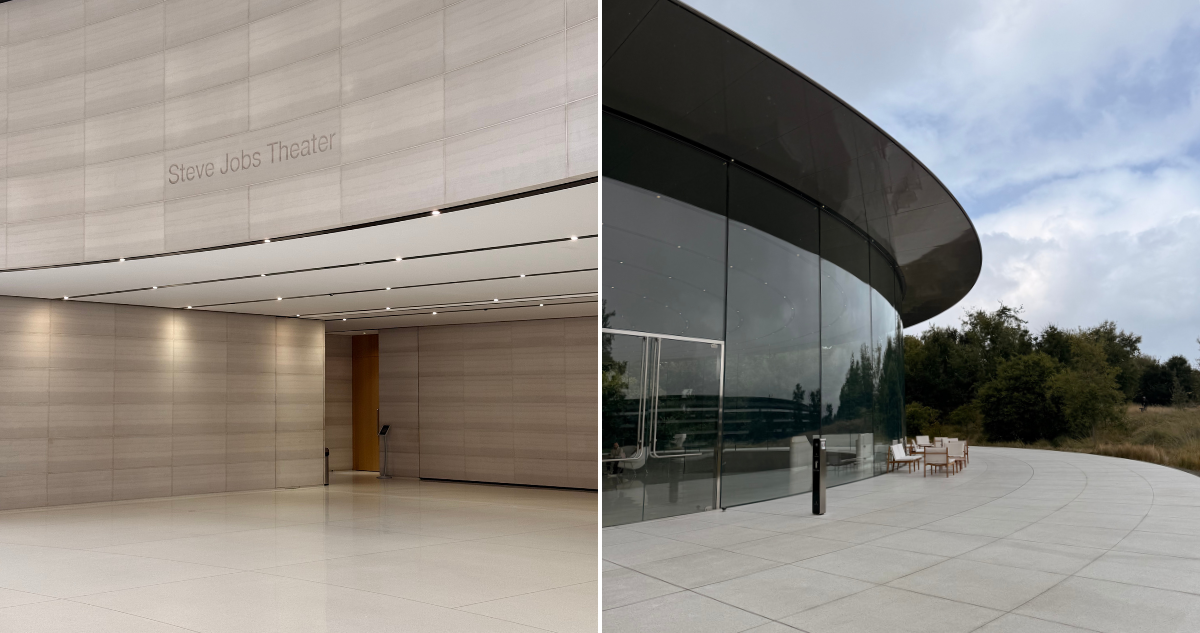 En la imagen, el interior y el exterior del Steve Jobs Theatre.