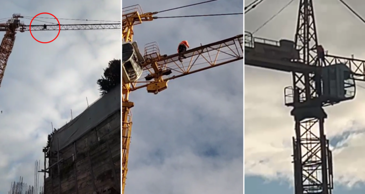 Trabajadores protestan sobre grúa en centro de Concepción: acusan irregularidades y no pago de bonos