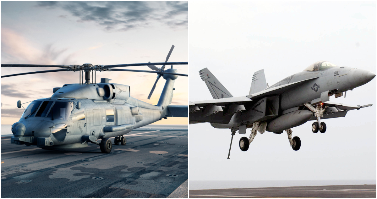 Imágenes de referencia de un helicóptero MH-60R Seahawk y un avión F-18 Super Hornet