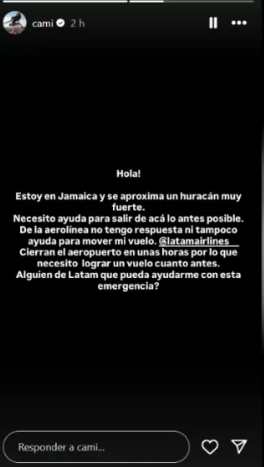 Instagram Storie de Cami Gallardo sobre huracán