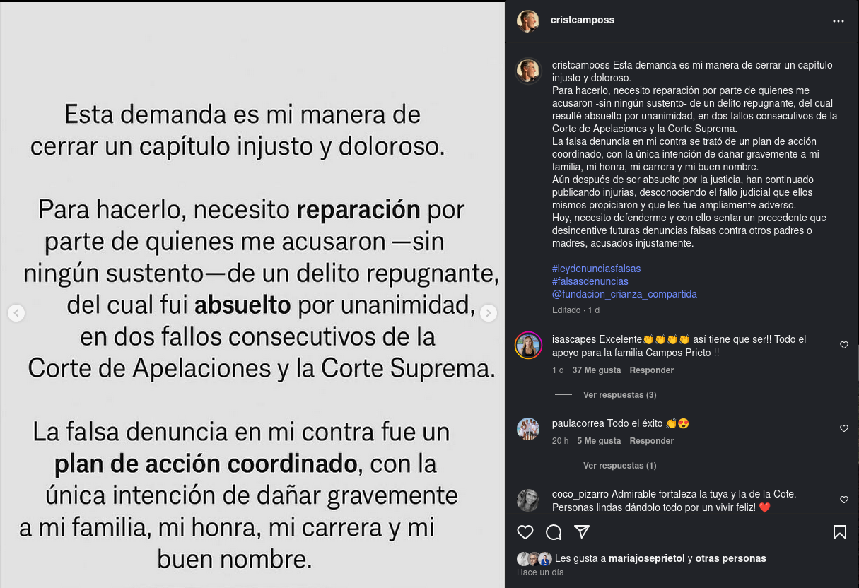 Publicación en Instagram de Cristián Campos