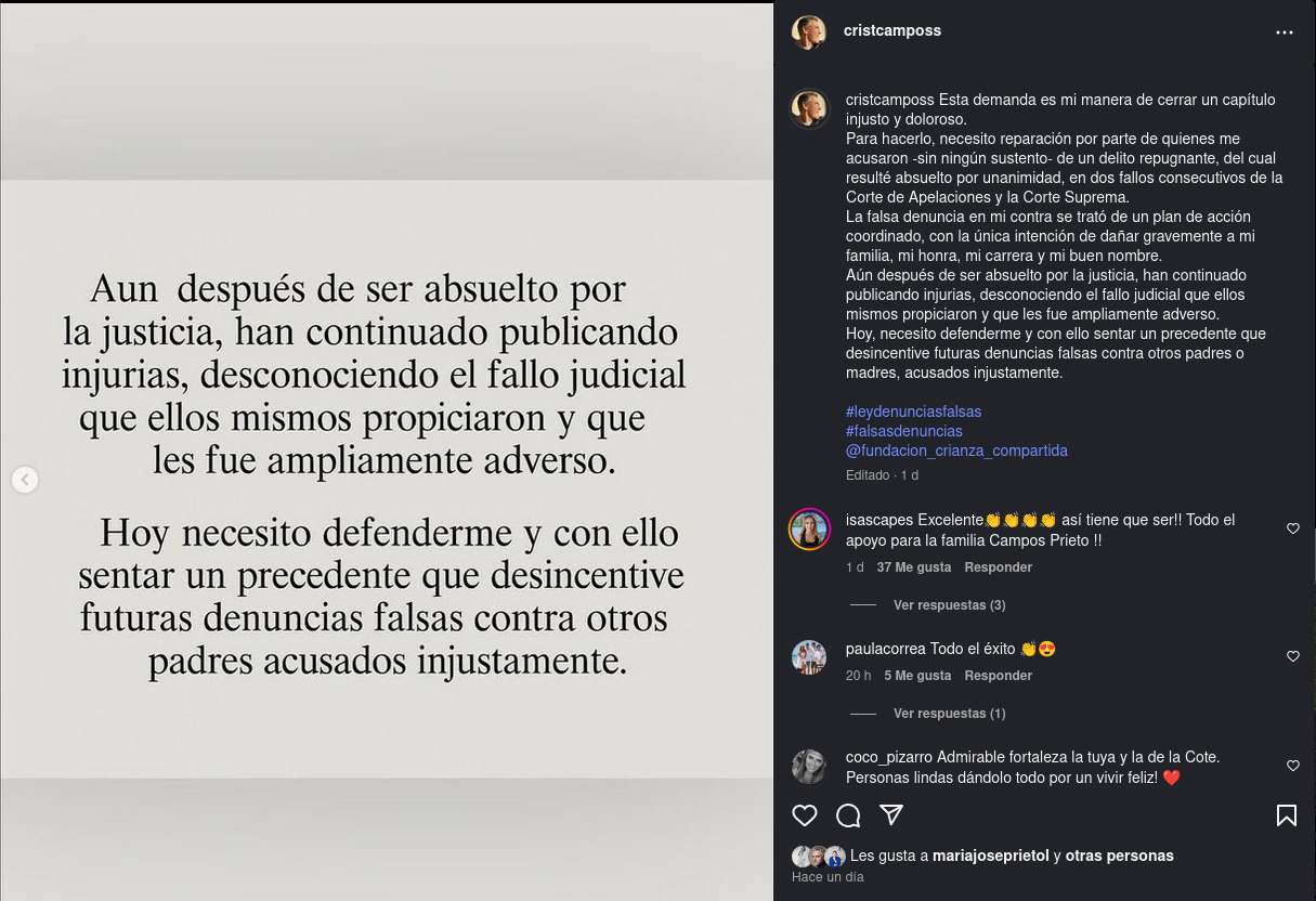 Publicación en Instagram de Cristián Campos