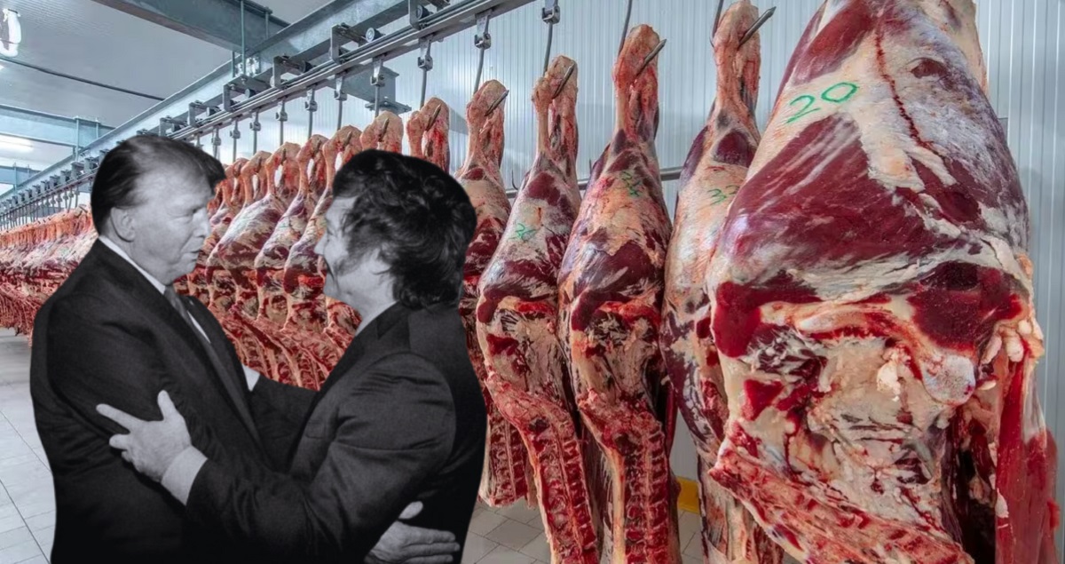 Composición digital con Trump y Milei abrazados, de fondo piezas de carne argentina.