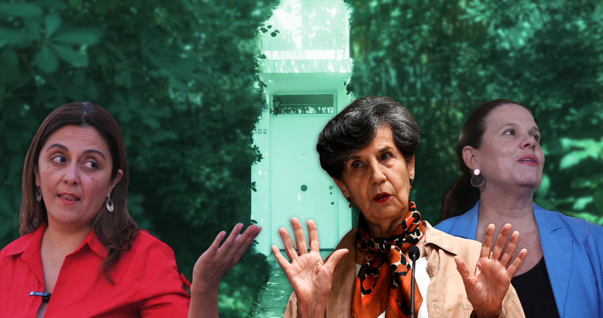 Casa de Guardia Vieja 392 de fondo. Marcela Sandoval, Isabel Allende y Maya Fernández en plano medio.