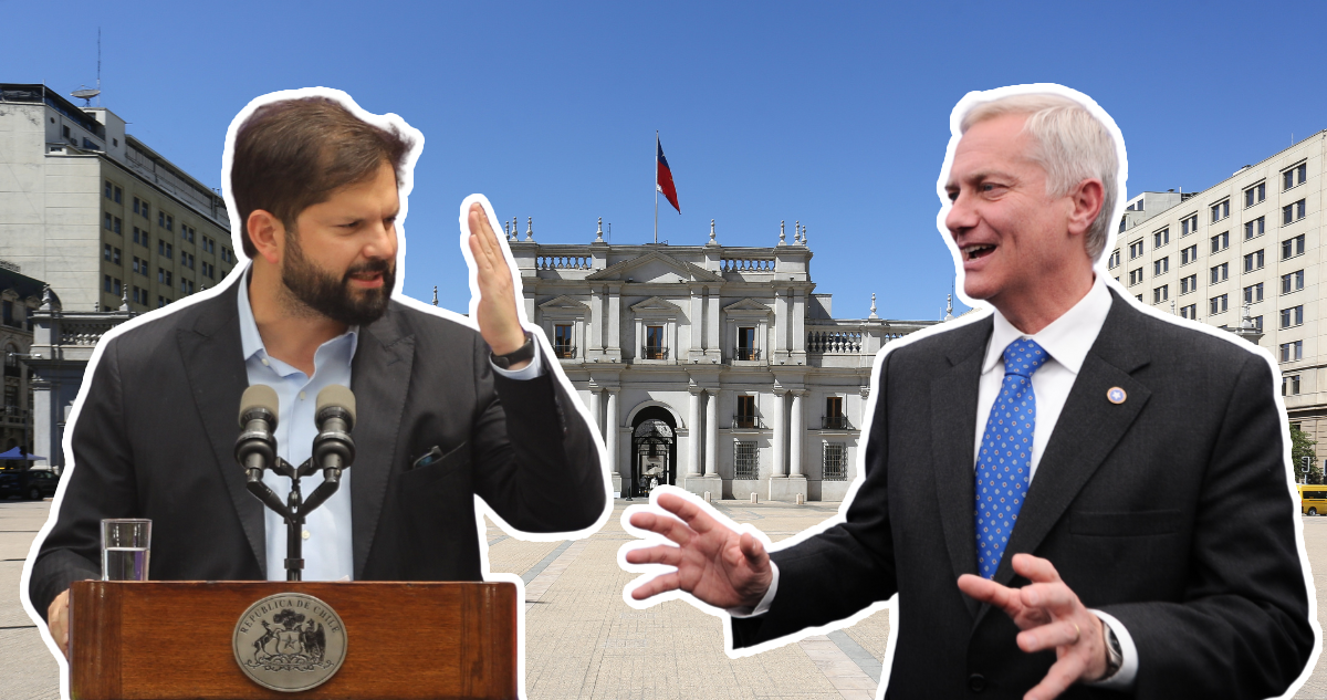 Foto de contexto de Boric y Kast con La Moneda de fondo