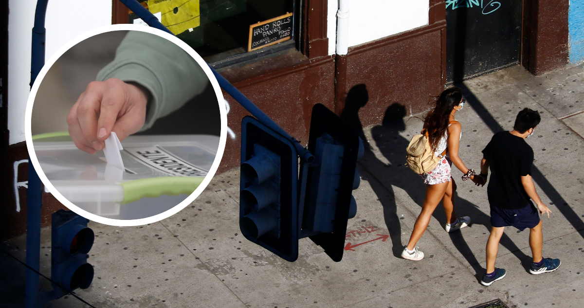 Foto de contexto de jóvenes caminando por la calle y foto de urna de votación, para columna sobre “nuevos votantes”