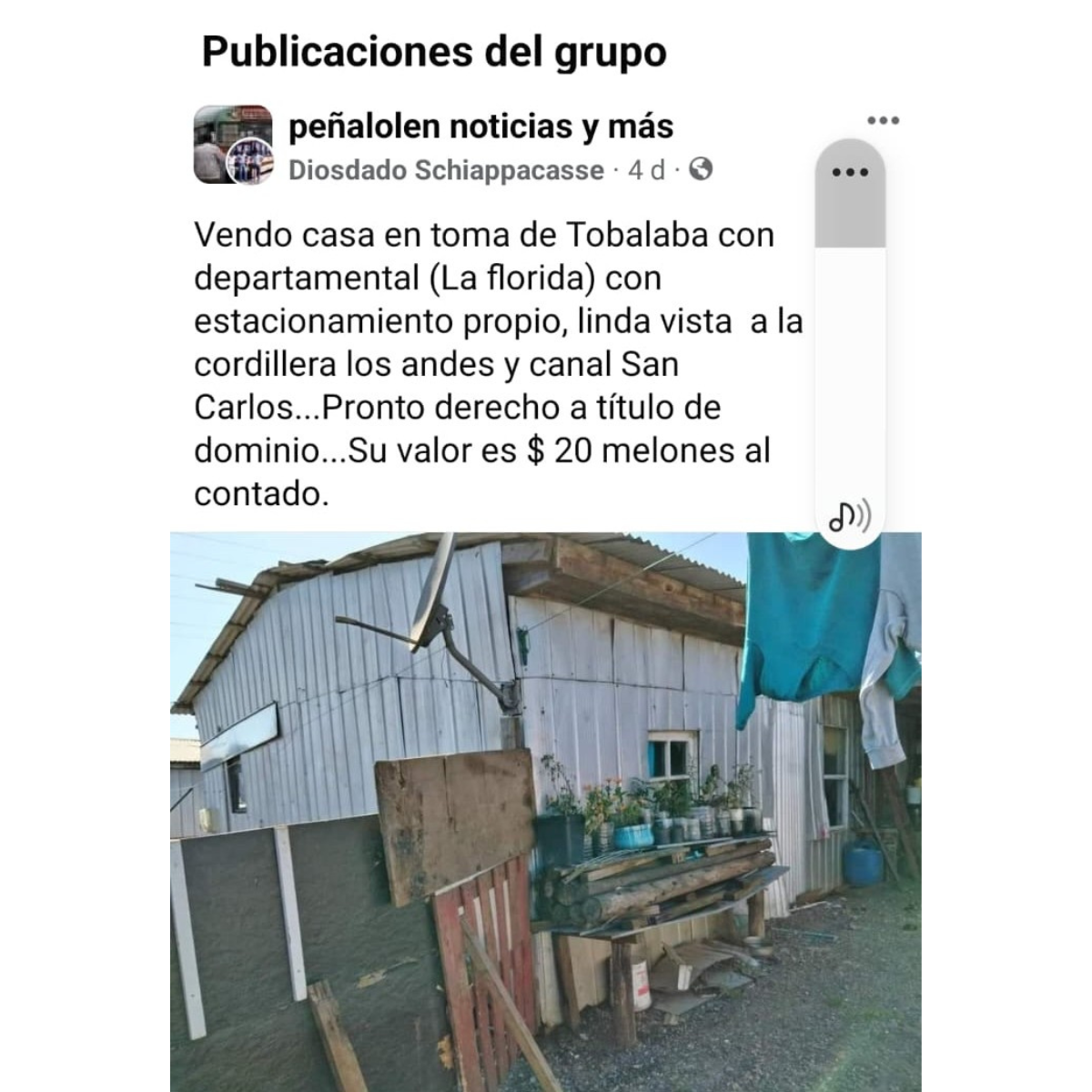 Venden casa en toma dignidad de La Florida, por facebook