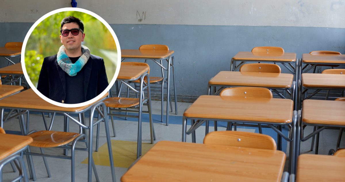 Foto de contexto de sala de clases y foto de docente de Mulchén finalista con concurso Profesor Bicentenario