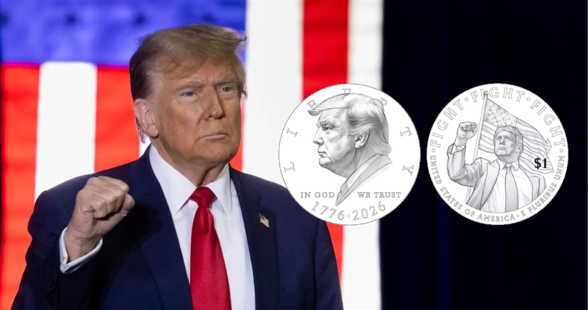 Donald Trump y los diseños de una nueva moneda de dólar con su rostro.