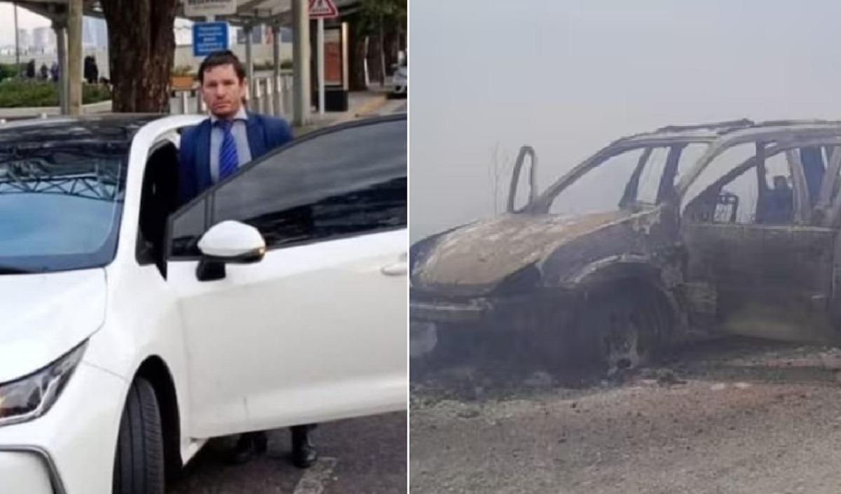 El chofer Martín Palacios y su auto incendiado
