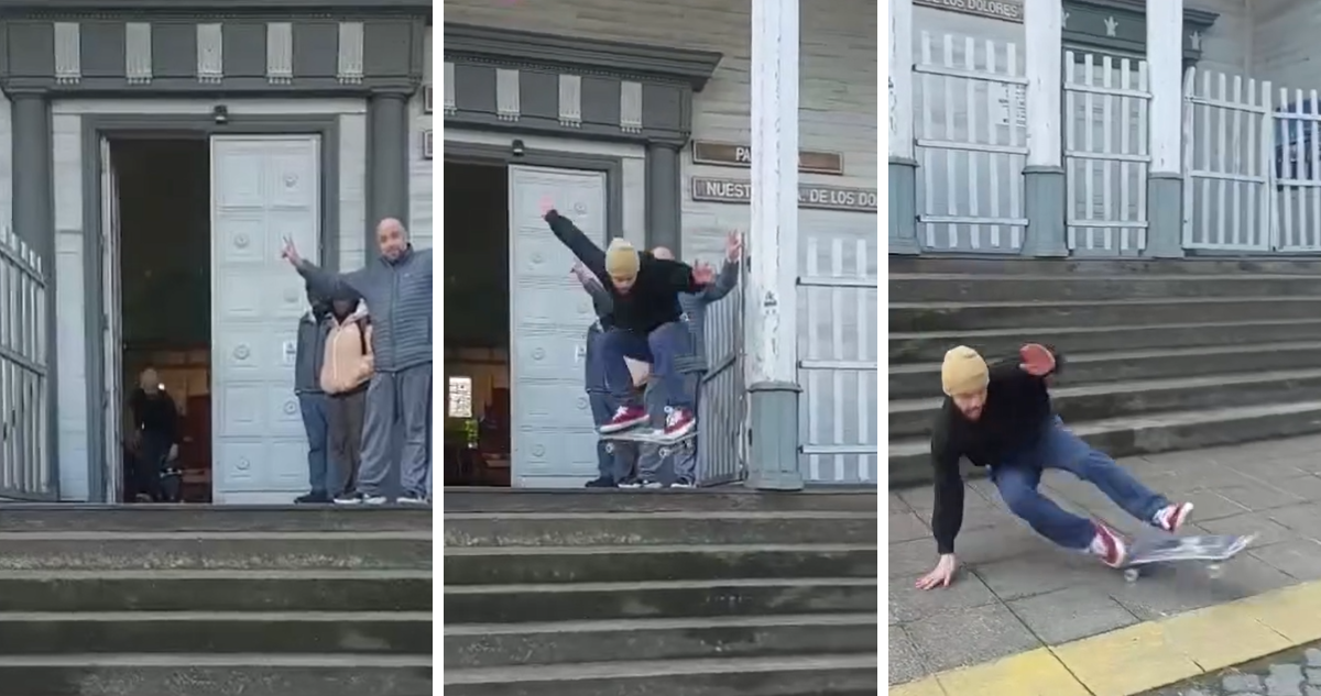 “Falta de respeto”: critican a turista que usó patrimonial iglesia de Dalcahue para hacer skate