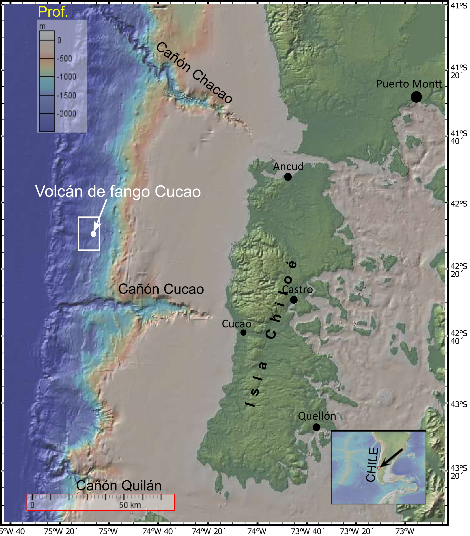 Ubicación del volcán submarino cerca de Chiloé